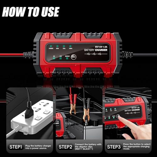 Mantenedor De Batería Cargador | Cargador de Batería de Goteo 1.5A 6V/12V para Automóvil - Automático Inteligente De Carga Y Mantenimiento | Reparación Y - imagen 8