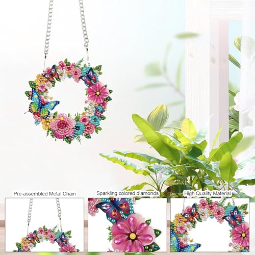 Image of AiYuanzsh 5D DIY Diamond Art Hanging Pendant Kit, Wreath Flower Butterfly Diamond Painting Ornament DIY Special Shaped Crystal Pendant for Door Wall Window Home Xmas Valentine's Day Gift