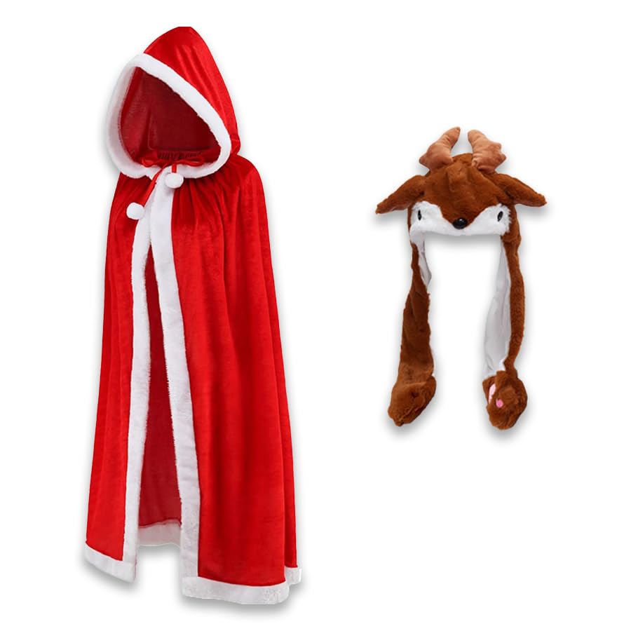 Celebrigo Christmas Santa Cloak & Elk Plush Hat Set - Crazy Hats With Moving Ears, Animal Ears, Costumes for Kids 8-16