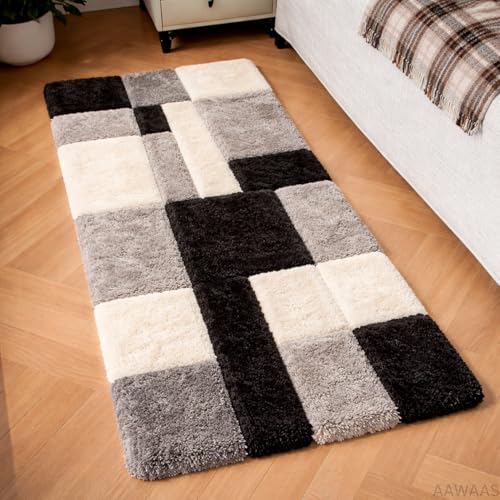 Image of 3D Shaggy Polyester Carpet Rug Runner Area Mats for Bedroom /Living Area /Home with Anti Slip Backing Soft /Fluffy Hight Pile - (3D Black B, 2x5 feet)