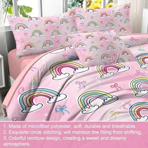 Image of 6 Pieces Girls Rainbow Bedding Set - Tie Dye Pink Bow Comforter Set for Kids Teens - Colorful Bow Knots Bed in A Bag Sheets Set (Rainbow Bowknot, Twin)