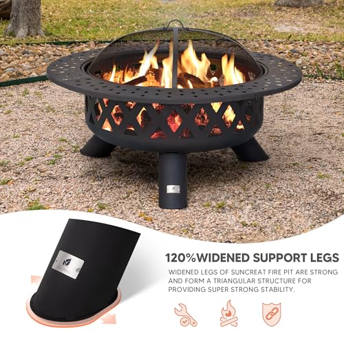 Image of SUNCREAT 42 inch Large Outside Fire Pit, Round Fire Pit Wood Burning with Widened Tabletop, Spark Screen, Fire Poker, Phombus Pattern