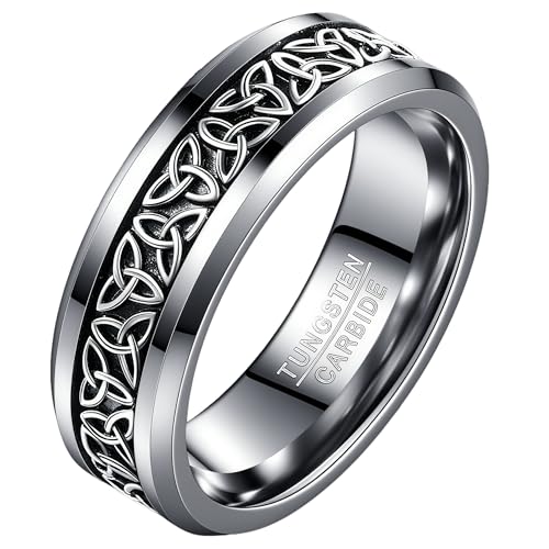 NUNCAD Personalized 925 Sterling Silver Inlay Tungsten Triquetra Celtic Knot Mens Rings 8mm Celtic Trinity Knot Wedding Band Irish Jewelry Gift Comfort Fit Size 7-12