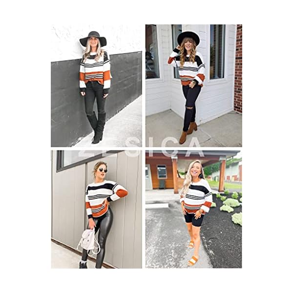 ZESICA Women's 2024 Fall Long Sleeve Crew Neck Striped Color Block Casual Loose Knitted Pullover Sweater Tops,Black,Medium