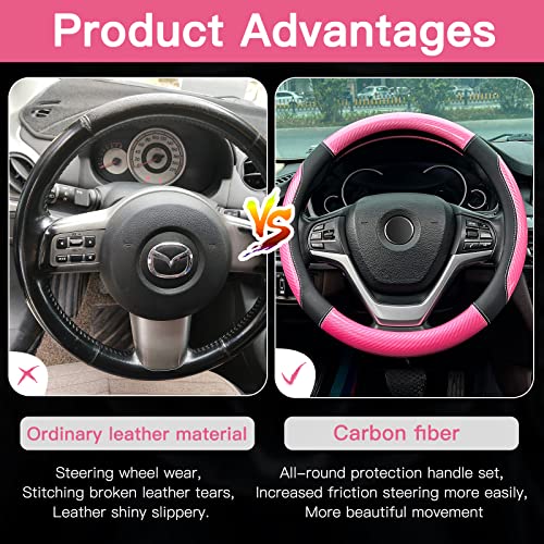 Xcbyt Car Steering Wheel Cover Pink - Universal Fit 14.5-15 Inch Carbon Fiber Steering Wheel Cover Sport Style With Anti-Slip Microfiber Leather Grip Steeringwheel Accessories For Women Man #TOP5