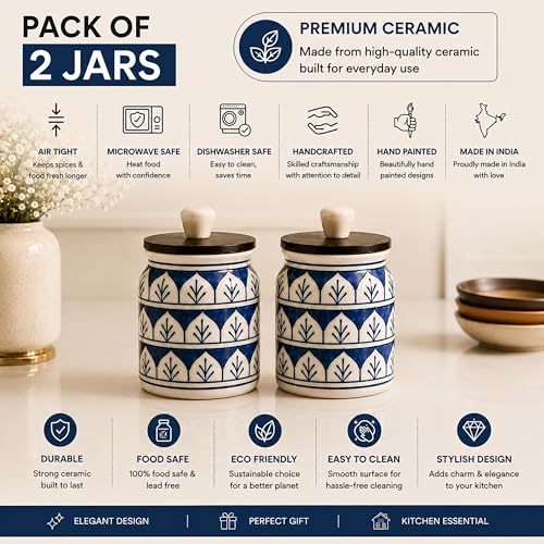 Image of Ceramic Kitchen Jars for Storage | Air Tight Containers with Wooden Lids | Masala, Salt, Pickle, Dry Fruits & Multi Utility Item Organiser Set (Hand-Painted, Blue Mughal, 450 ML, Pack of 2)