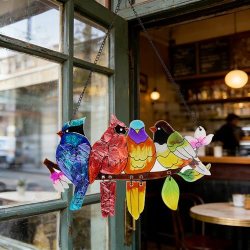 Image of DASTOLL Stained Glass Window Hanging, Birds on A Branch Stain Glass Suncatcher, Hand-Painted Sun Catchers Indoor Window Decoration Bird Lover Gift for Mom, Grandma, Stocking Stuffers for Women