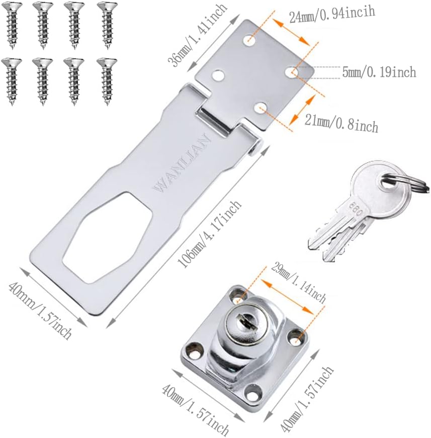Chrome Plated Keyed Hasp Lock with Twist Knob, Door Lock Clasp w/Screws for Cabinet