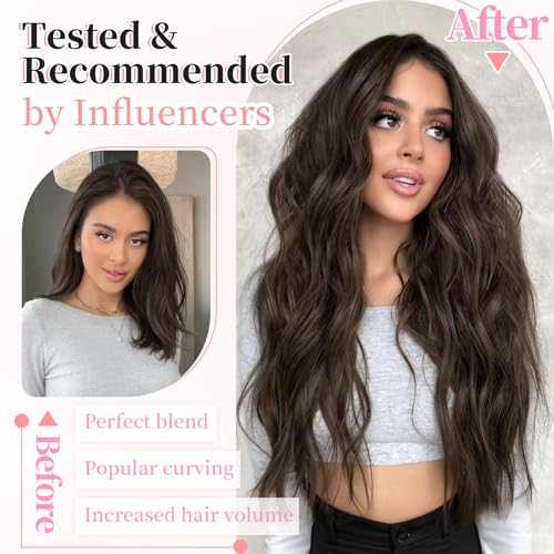 Image of KooKaStyle Wavy Thick Clip in Hair Extensions 24 inch Dark Chocolate Brown | Natural Volume & Seamless, 4 Pieces Clip in Extensions,Fiber Double Weft Hairpieces,Wave Long Synthetic Hairpiece for Women