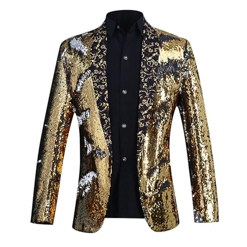 Chaqueta de traje para hombre con lentejuelas brillantes, color dorado, estilo informal, ajustado, para carnaval, discoteca, fiesta, discoteca, club, disfraz, disfraz de carnaval, dorado, M
