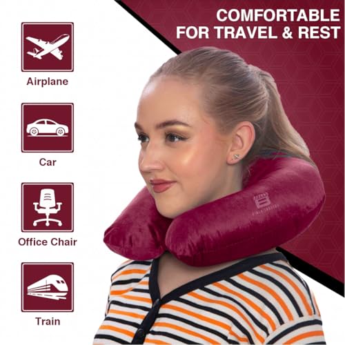 Image of CRAE Travel Neck Pillow for Men & Women | Soft Fibre Cushion for Flight, Car & Train | Soft Velvet Fabric with Attachable Snap Strap | Cervical Support for Neck Pain Relief.Pack of 1(Romantic Rani)