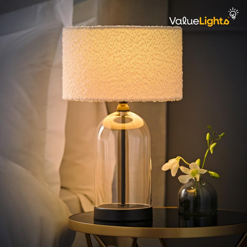 ValueLights | Glass and Black Metal Bedside Table Lamp with a Cream Boucle Lampshade + LED Bulb | Home Décor, Bedside & Desk Lamp | Includes Bulb - Image 6