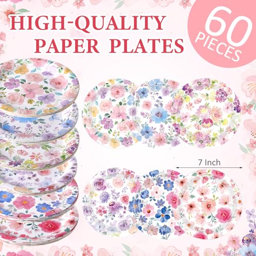 Image of Funnymoom 60 Pcs 7 Inch Floral Paper Plates Watercolor Summer Flowers Disposable Dessert Plate Bouquet Meadow Party Decoration for Spring Bridal Baby Shower Wedding Birthday Tea Party Supplies