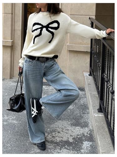 Image of BEAUDRM Women's Bow Graphic Knitted Sweater Crew Neck Long Sleeve Colorblock Pullover Knitwear Beige Large