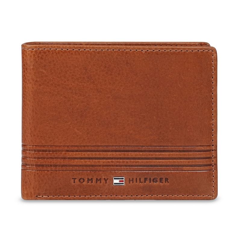 Tommy Hilfiger Men’s Leather Wallet Prastio | Embossed Tan Passcase Bi-Fold with 12 Card Slots, Coin Pocket | Stylish Purse for Gents