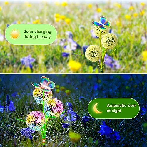 Solar Dandelion Garden Lights - 2 Pack, 2 Modes, Waterproof, Butterfly Garden Decoration for Patio Yard, Pathway - Image 2