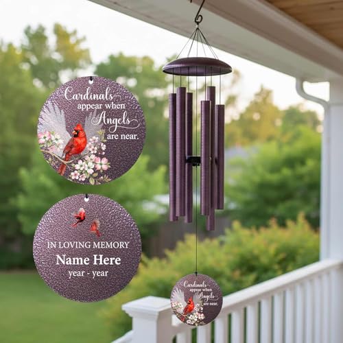 Image of Memorial Wind Chimes for Loss of Loved One /Mom /Dad Personalized Cardinal Deep Tone Wind Chime, Sympathy Gifts for Remembrance Grief Condolences