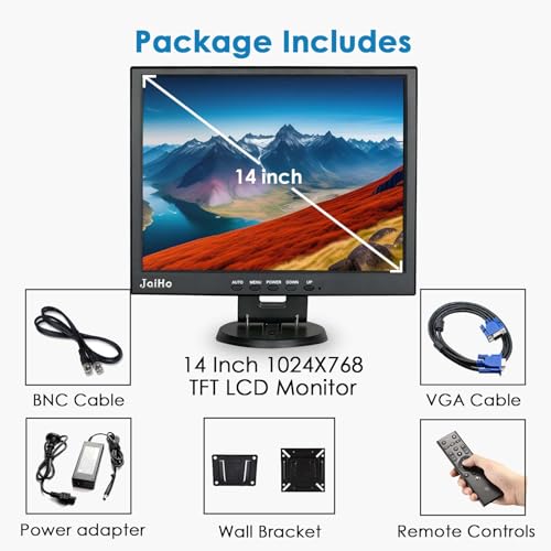 Image of JaiHo 14-Inch 4:3 Security Monitor, 1024x768 No Image Stretching CCTV Screen with Metal Housing, BNC HDMI VGA AV USB Input, Industrial Display with Built-in Speakers Remote Control & VESA Mount