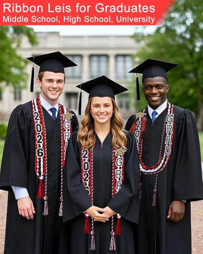 Image of Yigney Graduation Lei Set Class of 2026 Grad Ribbon Leis with Honor Cord Double Braided Graduate Leis for Men Women Red Black White