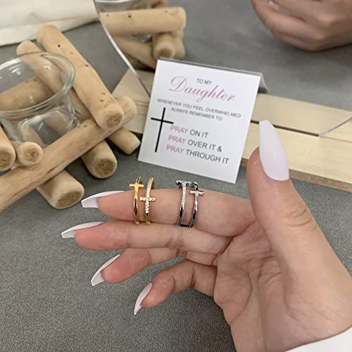 Harlermoon To My Daughter Pray Through It Cross Ring Double Cross Adjustable Baptism Gold CZ Diamond Creative Wedding Commitment Ring for Woman3