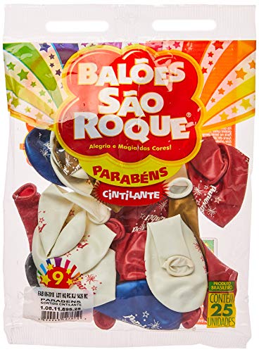 Balão Decorado N.090 Parabens Cintilante 5cor - Pacote com 25 Unidade(s), São Roque, 1081189525, Mul