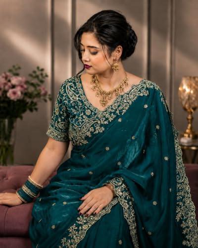 Image of DESTY Saree with Intricate Gold Embroidered Border & Designer Blouse
