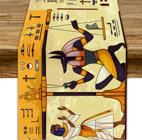 JanJCurt Ancient Egypt Table Runner, Egyptian Hieroglyph SymbolAncient Culture Anubis Print Tabletop Cloth for Dining Table Holiday Party Decorations Oriental Decor, 13x108inch
