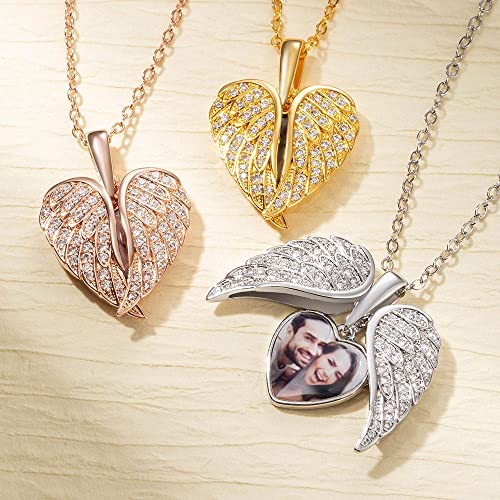 Personalized Heart Shaped Angel Wings Necklace with Picture Custom Photo Cubic Zircon Heart-shape Angel Wing Necklace Memorial Jewelry Mother's Day Gifts for Her Mom/Wife2