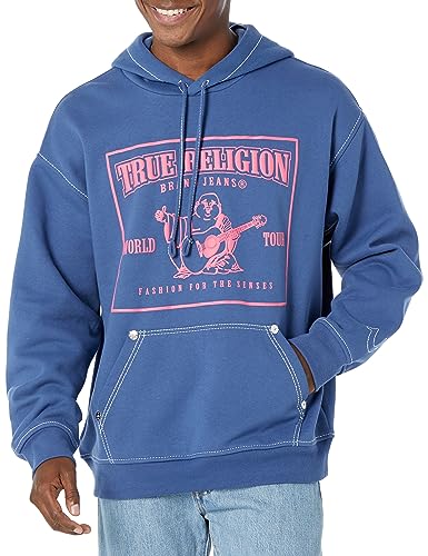 True Religion Men's Relaxed Big T Pullover Hoodie, Matte Navy, XX