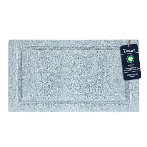 Delara Organic Cotton Bath Mat, GOTS Certified & Oeko-TEX, 3000 GSM Ultra-Thick Reversible Bathroom Rug, Non-Toxic Quick-Dry Plush Mat - 44x24 in, Light Blue