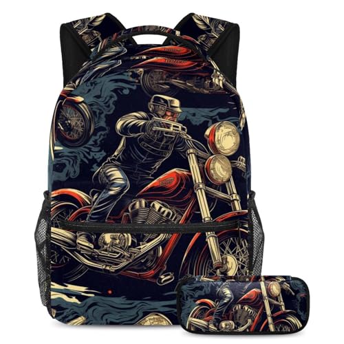 Sac à dos de moto cool avec trousse ensemble cartable grand format pour étudiants