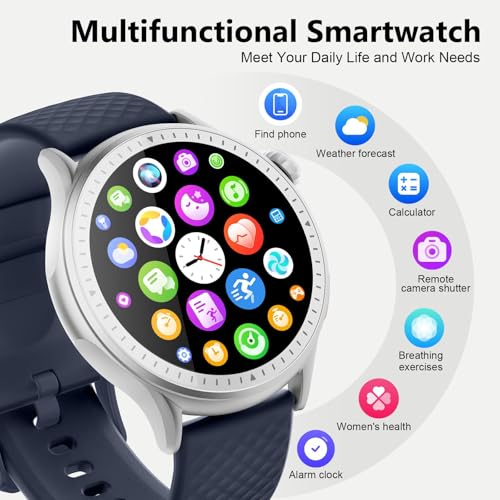 Image of Smart Watch for Men Women Answer /Make Call, 1.46'' AMOLED Ultra-Clear Screen Fitness Tracker with Heart Rate /Sleep /SpO2 Monitor, 3ATM Waterproof Smartwatch for iPhone /Samsung /Android, 110+ Sport, Blue