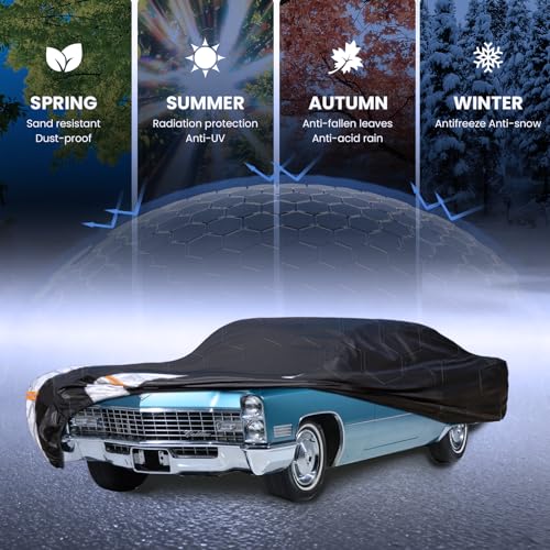 Image of Multi-Layer Sedan Car Cover Custom Fit for Cadillac DeVille(1960-1980), 100% Waterproof All Weather for Automobiles, Gift with Towel, Heavy Duty Car Covers for Rain Sun UV Protection with Door Zipper.