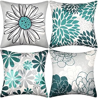 Cheekywares Kissenbezug Grün Grau 40x40 Leinen Sofakissen Kissenhülle Sommer Boho Abstrakt Moderne Blumenmuster Dekokissen Couchkissen für Schlafzimmer Wohnzimmer Garten Kissen Deko 4er Set