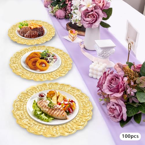 100 Platos Cargadores Plásticos Redondos 13" Dorados miniatura 7