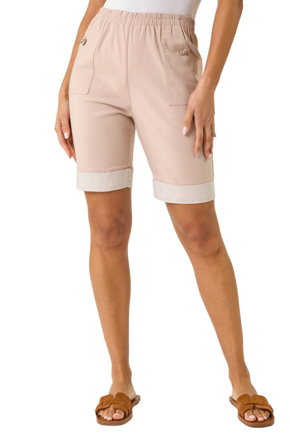 Roman Women's Stone Bengaline Turn Up Stripe Stretch Shorts Size 12