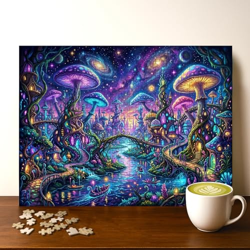 Mushroom City Fantasy Jigsaw Puzzle - 500 Pieces Wooden Puzzle for Adults, Wall Art Gift, Finished Size: 20 x 15 Inch