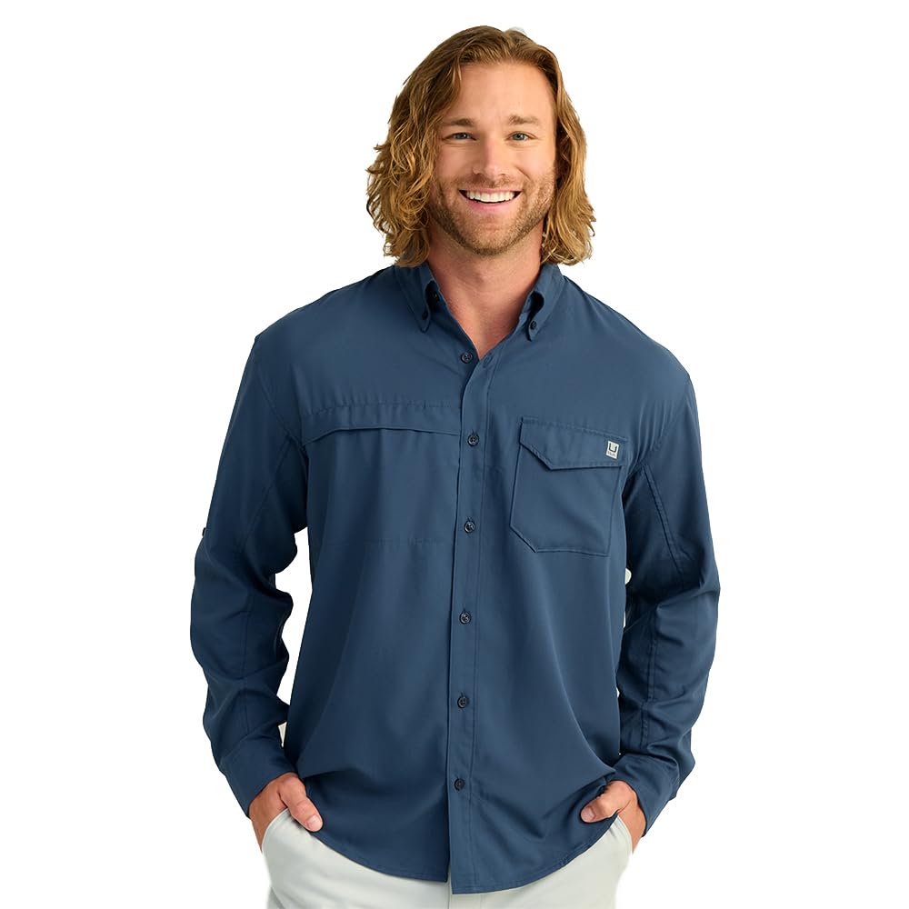 HUK Men's Tide Point Solid Long Sleeve Shirt, Button