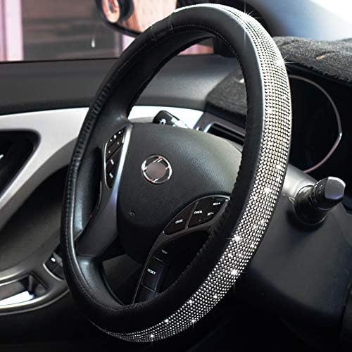 Steering Wheel Cover Bling Bling Rhinestones Crystals Car Handcraft Steering Wheel Covers Leather for Girls Black