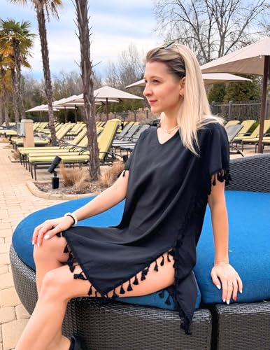 AI'MAGE Women Bathing Suit Cover Up Tassel Swimsuit Coverup Short Sleeve Beach Cover Ups Dress V Neck Beach Wear S-3XL3