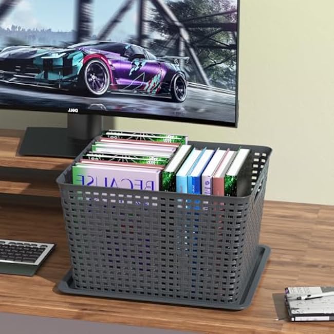 20 Quart Large Plastic Storage Baskets with Lid, Tall Plastic Weave Storage Basket Bins, 6 Packs