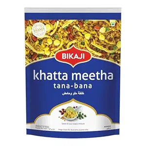 Bikaji Tana Bana Khatta Meetha– 14.11 oz (400g) Pack | Ready to Eat Indian Namkeen Snacks Mix with Split Chickpeas, Peanuts, Green Peas & Rice Flakes| Sweet & Tangy Crunchy Farsan for Tea Time & Party