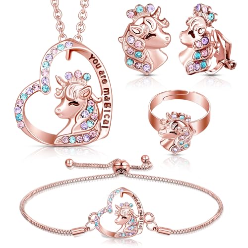 Herdear 4 Pcs Girl Unicorn Axolotl Jewelry Set Unicorn Axolotl Bracelet Ring Stud Earring Crystal Pendant Jewelry for Toddler(Rose Gold Cute Unicorn)