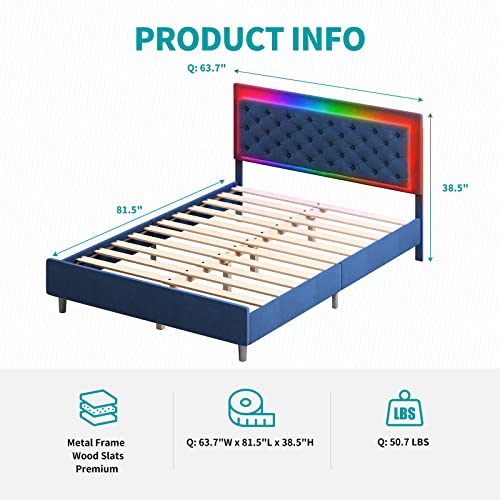 Balus Led Bed Frame/Velvet Upholstered Platform Bed Frame With Rgb Led Headboard /Music Sync Color Changing Led Light Strips&Compatible With Alexa Or App/Wood Slat Support/Easy Assembly(Queen, Blue) #TOP1