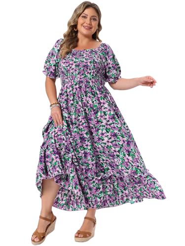 Image of Agnes Orinda Plus Size Dress for Women Short Sleeve Shirred Square Neck Floral Maxi Long Dresses