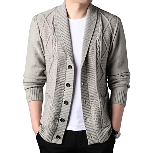 Mens Casual Shawl Collar Cardigan Open Front Ribbed Jackets Outwear Cable Knit Button Up Sweaters With Pockets (Large,Khaki)