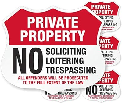 SmartSign Private Property Decals Set, Pack of 5, No Soliciting No Loitering No Trespassing Stickers/Labels | EG Reflective Adhesive Decals, Day Night Visibility