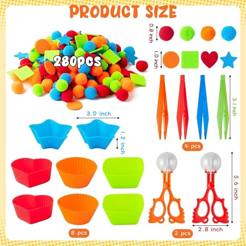 Image of EZdhuawuse Shape Sensory Bin Fillers - 295P Summer Shape Fine Motor Skills Toys Counting Sorting Set for Kids Early Education, Felt Decor Pom Poms Cup Clip for Preschool Counting Sorting Birthday Gift