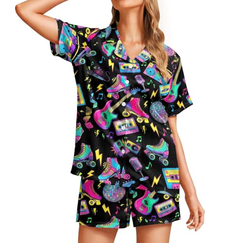 Image of Funny Pajamas for Women Set Print Satin Loungewear Pjs Short Sleeve Button Down Top and Shorts Sets Sleepwear XS-3XL