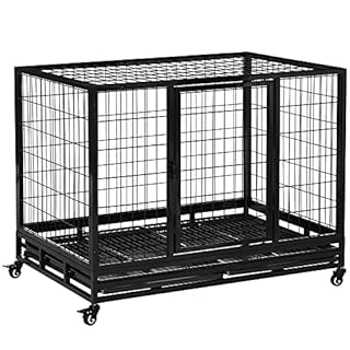 PawHut 43" Heavy Duty Metal Dog Kennel Pet Cage with Crate Tray and Wheels - Black (Large)